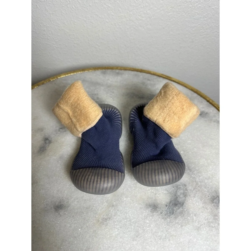 Baby Sock Shoes Navy Blue Tan Fleece Lined Non Slip Rubber Sole Toddler Booties
